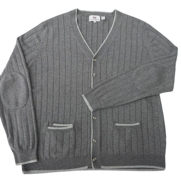 Hickey Freeman Grey Ribbed Cardigan Cotton Silk Blend Elbow Patches Pockets XL - Picture 1 of 8